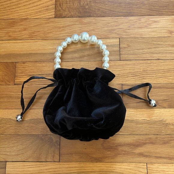 Black Velvet Drawstring Mini Purse With Pearl Handle & Satin Ribbon Accents - Picture 2 of 8